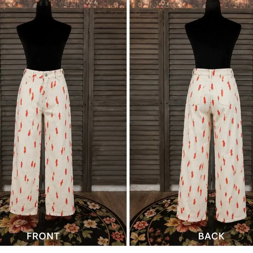 Bailey Rose Chili Pepper Print Novelty Wide Leg Pants NWOT X-Small Soft Denim - Picture 4 of 6